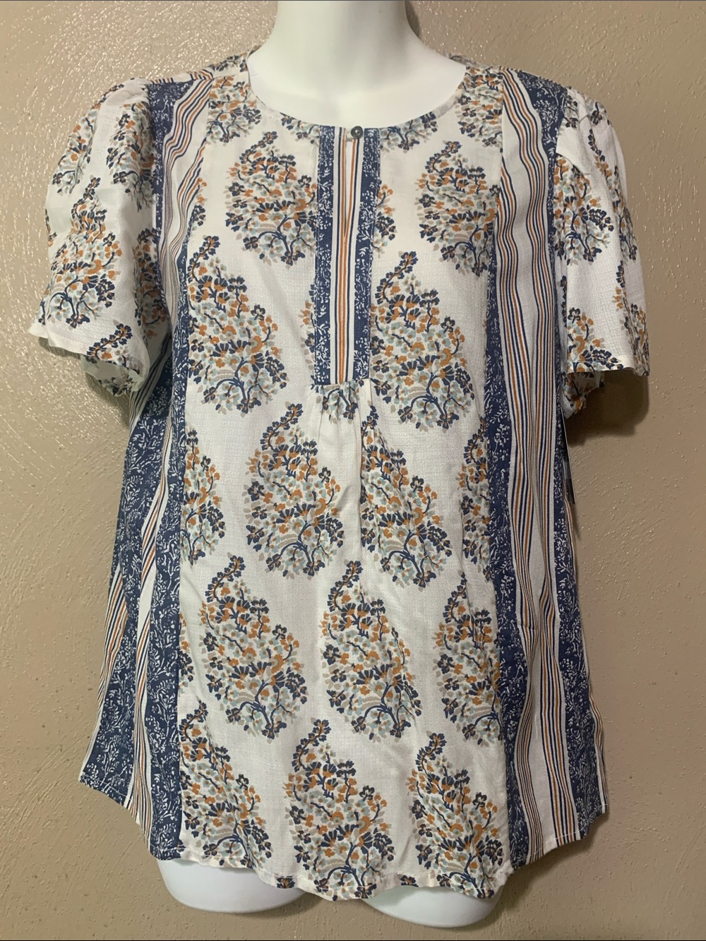 Lucky Brand White Floral Stripe Short-Sleeve Blouse